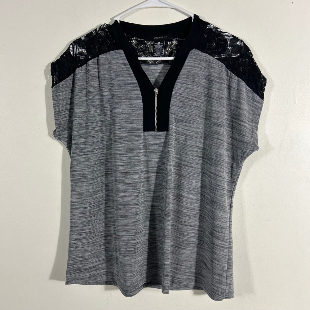 Liz McCoy Blouse Womens XL Grey Black Lace Zipper V-Neck Space Dye Top 8732SS